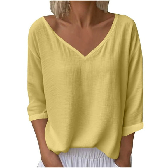 Fesfesfes Trendy Women's V-Neck T-Shirts Solid Styles Three Quarter Length Sleeves Button Details Combine Style Casual Outings Daily Wear(Yellow#1,XL)