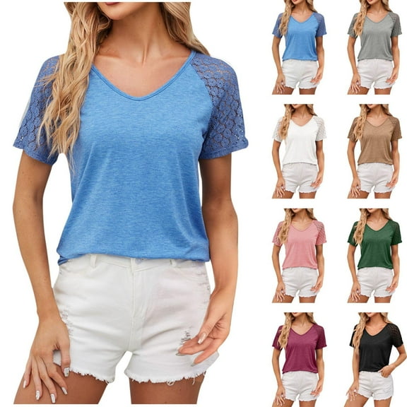 Fesfesfes Tshirt for Women's Solid V-neck Zippered Lapel Top Short Sleeve Tops for Women L(US:8)