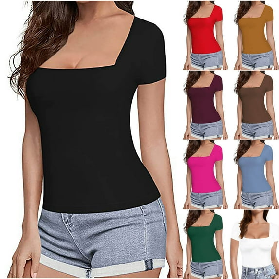 Fesfesfes Tshirts Fashion Women Summer Solid Short Sleeve Square Neck Top Blouse T-Shirt Mesh Short Sleeve Tops for Women 10(XL)