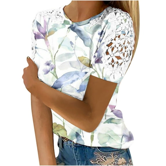 Fesfesfes Tshirts Shirts for Women Graphic Women Printing Round-Neck Lace Hollow Out Short Sleeve Pullover Slimming Blouse T-shirt Tops Womens Turtleneck Bodysuit M(US:6)