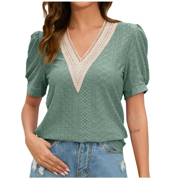 Fesfesfes Tshirts Shirts for Women Graphic Women's Solid Princess Sleeve Lace Panel V-Neck Loose T-shirt Top 4(S)