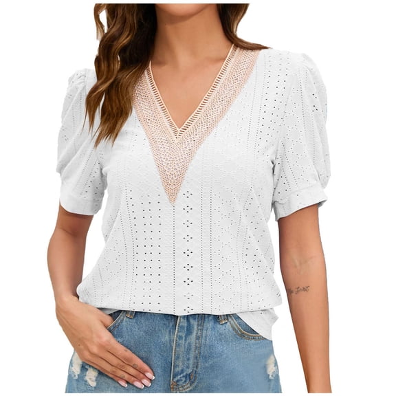 Fesfesfes Tshirts Shirts for Women Graphic Women's Solid Princess Sleeve Lace Panel V-Neck Loose T-shirt Top 8(L)
