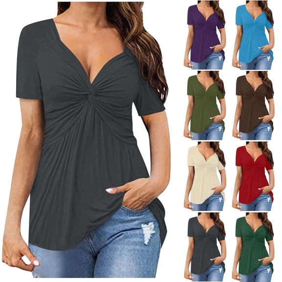 Fesfesfes Tshirts Shirts for Women Graphic Womens Casual V-neck Bow Short-sleeved T-shirt Top Short Sleeve T Shirts for Women M(US:6)