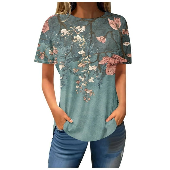 Fesfesfes Tshirts Shirts for Women Women Casual Printed Short Sleeve Round-Neck Pullover Blouse T-shirt Tops T Shirts for Women Graphic 2XL(US:12)