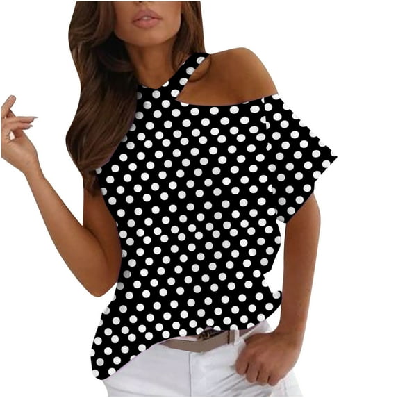 Fesfesfes Tshirts for Womem Casual Tops Casual T-shirt Printed Short Sleeve Cold Hollow Out Shoulder Pullover Blouse Tops Summer Tunic Blouse Under 10$