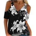 thumbnail image 1 of Fesfesfes Tshirts Women Tops Summer T-Shirt Cold Shoulder Sleeve Pullover Blouse Loose Comfy Tops V-Neck Printed Tops Women Short Sleeve Workout Tops 8(L), 1 of 4