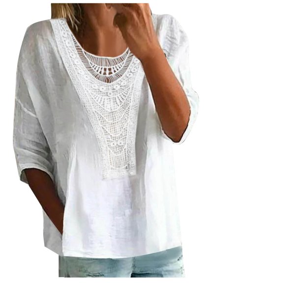 Fesfesfes Tshirts for Women Womens Spring And Summer Lace Fashion Round Neck Solid Color T-shirt Hollow Top Women's Short Sleeve Tops L(US:8)