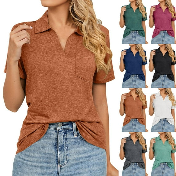 Fesfesfes Tshirts for Womens Fashion Lapel Solid Color Short Sleeve T-shirt Blouse Loose Tops Short Sleeve T Shirts for Women L(US:8)