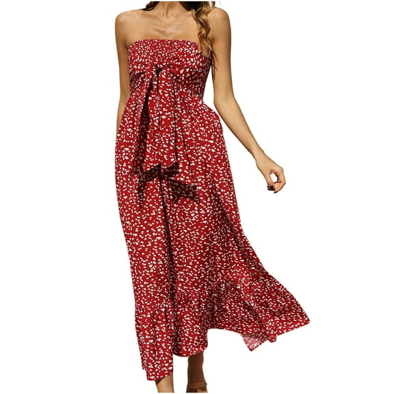 Fesfesfes Tube Top Boho Dress for Women Floral Print Beach Dress Off the Shoulder Sleeveless Long Dress Lace Up Pleated Vacation Dress for Juniors Girls