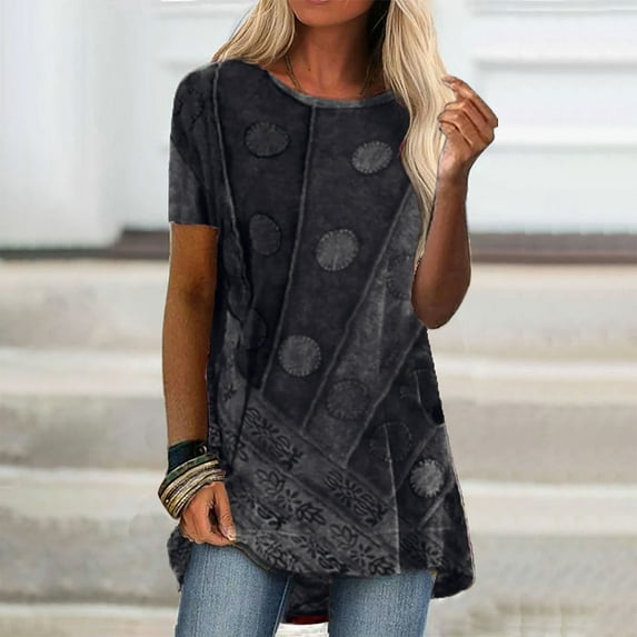 Fesfesfes Tunic Tops Women Casual Printed Short Sleeve Round Neck Pullover Blouse T-shirt Tops Short Sleeve T Shirts for Women 3XL(US:14)