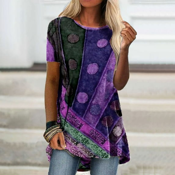 Fesfesfes Tunic Tops Women Casual Printed Short Sleeve Round Neck Pullover Blouse T-shirt Tops Short Sleeve T Shirts for Women L(US:8)
