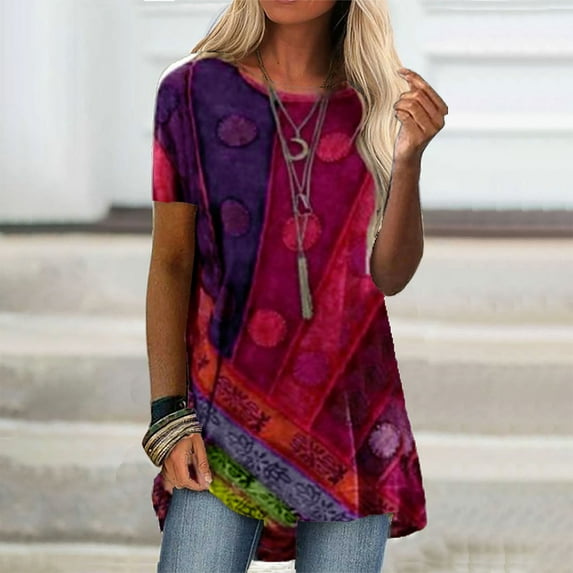 Fesfesfes Tunic Tops Women Casual Printed Short Sleeve Round Neck Pullover Blouse T-shirt Tops Short Sleeve T Shirts for Women M(US:6)