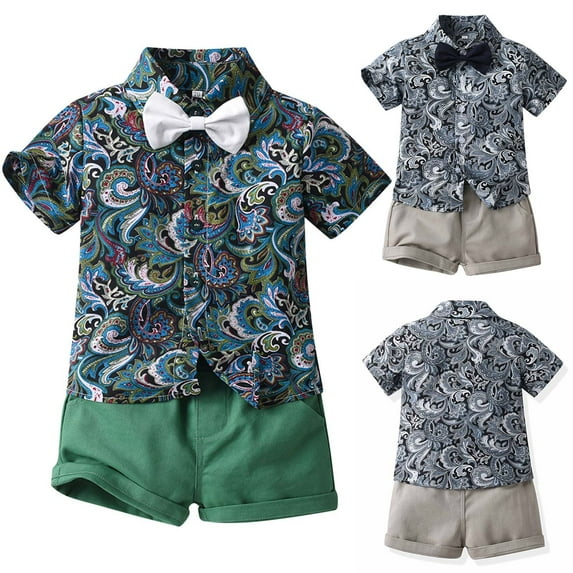 Fesfesfes Two Outfits For Boys Summer Children's Wear Boy's Short-sleeved Lapel Shirt Shorts Suit With Tie 5-6 Years