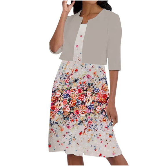 Fesfesfes Two-Piece Women's Spring Printed Round Neck Elegant A Line Sling Dress And Half Sleeve Cardigan Tops Set Dress Suit