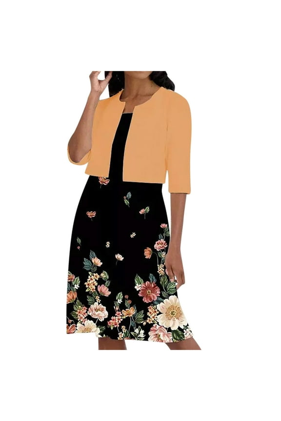 Two-Piece Women's Spring Printed Round Neck Elegant A Line Sling Dress And Half Sleeve Cardigan Tops Set Dress Suit