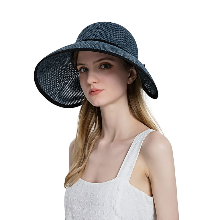 Fesfesfes UPF50+ Wide Brim Visor Hat for Women, Straw Beach Sun Hat Sun  Visor Roll-Up Foldable Ponytail UV Protection Visor