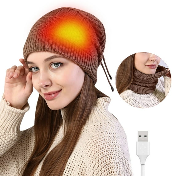 Fesfesfes USB Heated Knitted Hat And Neck Gaiter Set Winter Warm Heat Up Hat Dual Purpose Scarf Heating Circle Loop Scarf For Men And Women