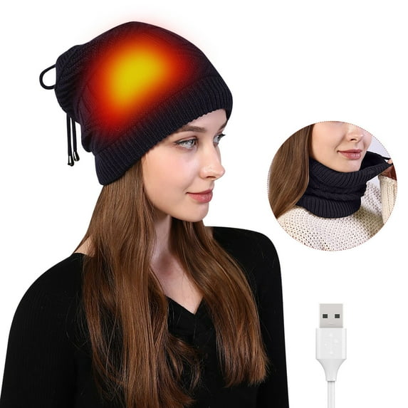 Fesfesfes USB Heated Knitted Hat And Neck Gaiter Set Winter Warm Heat Up Hat Dual Purpose Scarf Heating Circle Loop Scarf For Men And Women