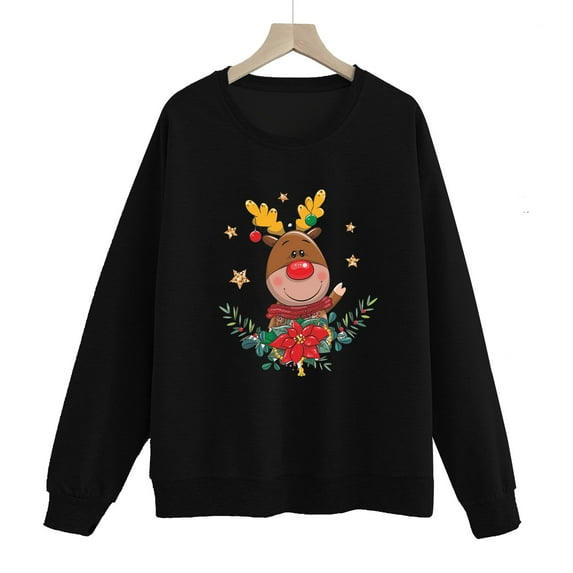 Fesfesfes Ugly Christmas Sweater New ladies O-Neck Xmas Sweater Deer Print Pullover Long Sleeve Sweater Sale on Clearance