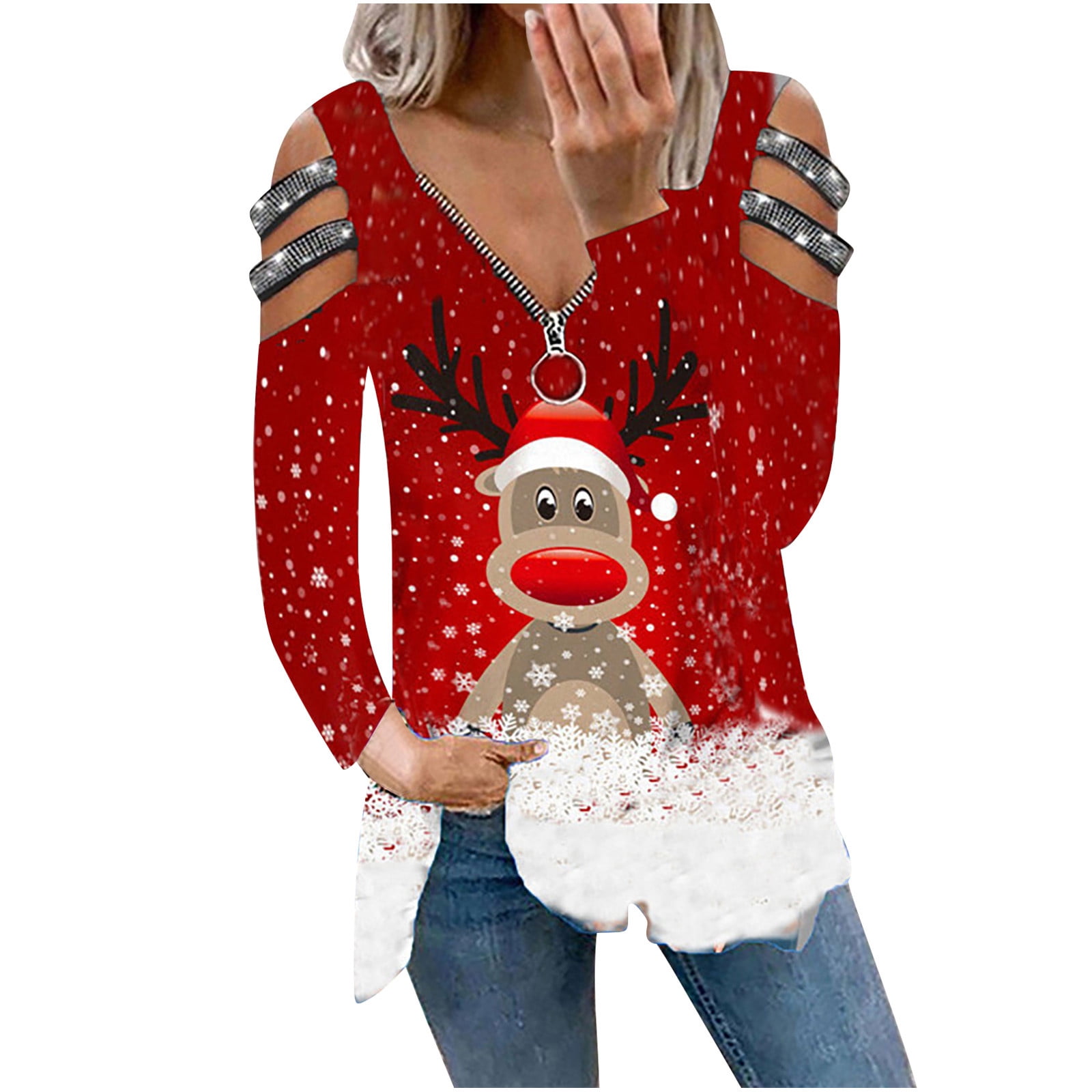 Fesfesfes Ugly Xmas Sweater Women Fall Christmas Printed V-Neck