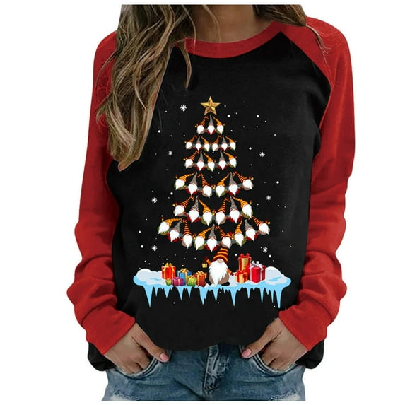 Fesfesfes Ugly Xmas Sweater Women Round-Neck Color Block Chriasmas Tree Snowman Printing Long Sleeve Tops Blouse