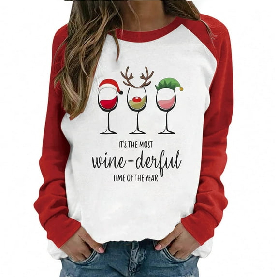 Fesfesfes Ugly Xmas Sweater Women's Casual Round Neck Raglan Color Matching Christmas Wine Cup Print Long Sleeve T-Shirt Top Long Sleeve Round Neck Top / Shirt