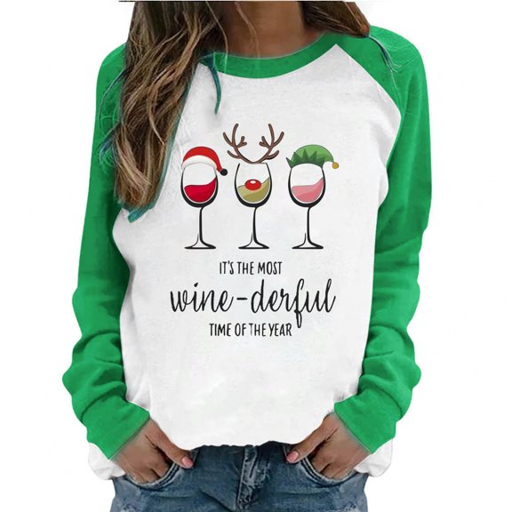 Fesfesfes Ugly Xmas Sweater Women's Casual Round Neck Raglan Color Matching Christmas Wine Cup Print Long Sleeve T-Shirt Top Long Sleeve Round Neck Top / Shirt