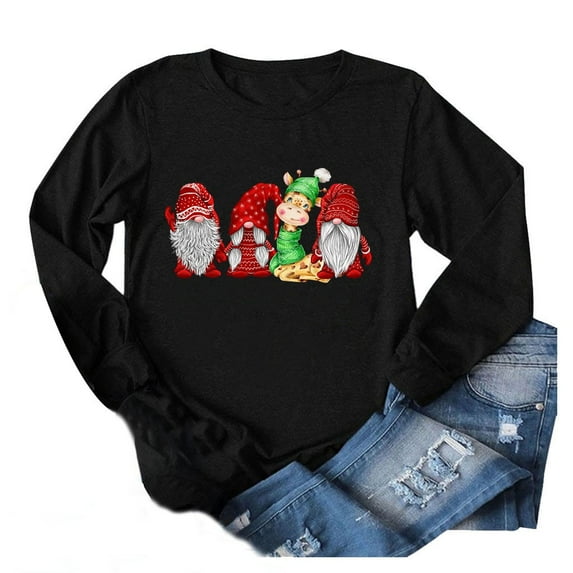 Fesfesfes Ugly Xmas Sweater Women's Christmas Print O Neck T-shirt Long Sleeve Casual Blouse Top