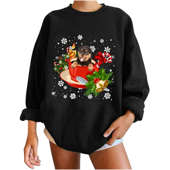 Fesfesfes Ugly Xmas Sweater Women's Tops Winter Christmas Dog Classic Printing Pullover Loose Sweatshirt