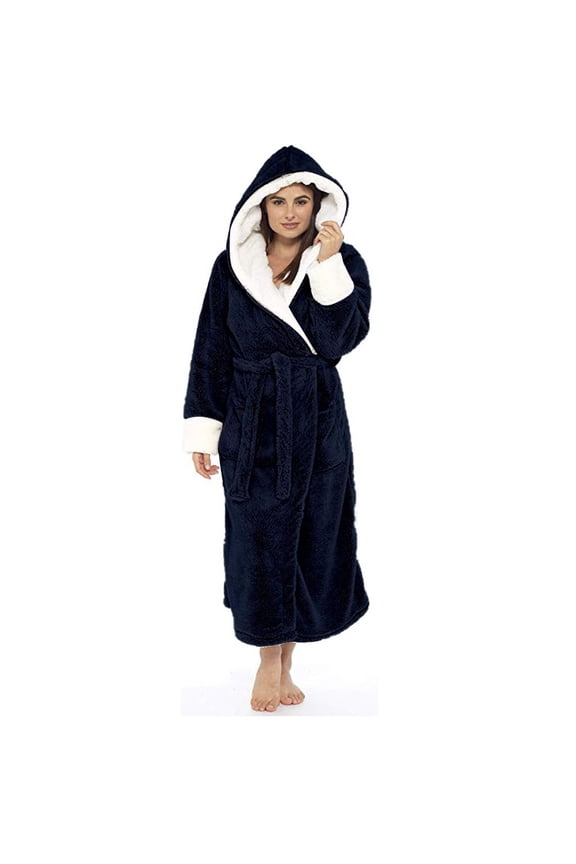 Unisex Winter Hooded Robe Long Sleeve Bathrobe Cozy Flannel Shawl Coat Warm Fleece Robe for Women Men Soft Plush Bath Robe with Pockets Indoor Outdoor Home Spa Robe(Navy,M)