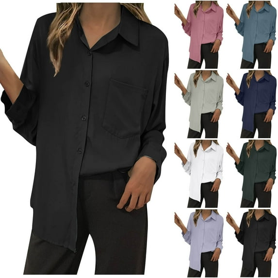 Fesfesfes V Neck Shirts Women Women Solid Color Lapel Casual Long-Sleeved Pocket Shirt Womens Summer Tops 2XL(US:12)
