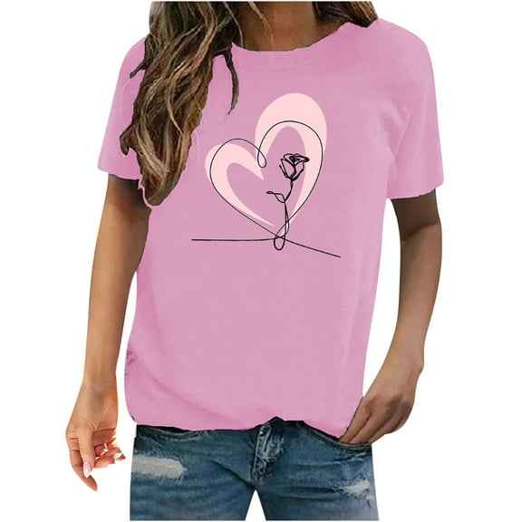 Fesfesfes V Neck Shirts Women's Valentine's Day Love Printed Short Sleeved T-shirt Top T-Shirts for Women L(US:8)