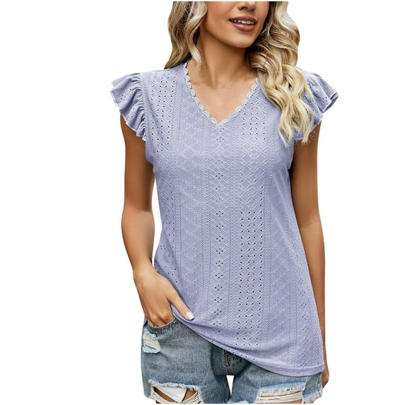 Fesfesfes V Neck T Shirts for Women Fashion Womens Casual Solid Color V Neck Ruffled Short Sleeve Tops Loose Blouses Workout Short Sleeve Tops for Women 6(M)