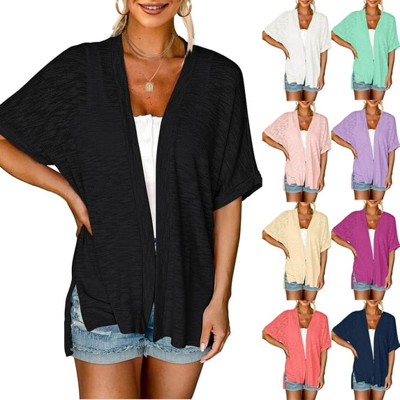 Fesfesfes V Neck T Shirts for Womens Spring And Summer Short SleevesV-NeckSolid Color Casual Cardigan Solid Color Cover Up Casual Tank L(US:8)
