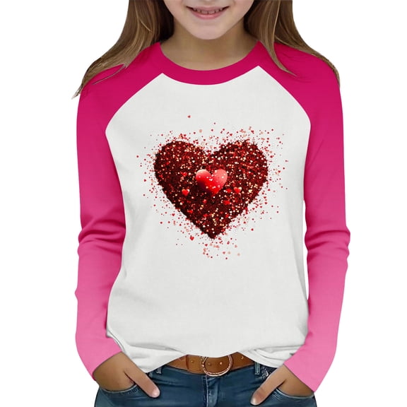 Fesfesfes Valentines Day Kids Top Boys Girls Casual Color Block Pullover Long Sleeve Crewneck Printed Shirt Soft Breathable Fashion Tee for Children Holiday Photos(Pink,3-4 Years)