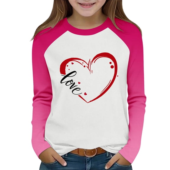 Fesfesfes Valentines Day Kids Top Boys Girls Casual Color Block Pullover Long Sleeve Crewneck Printed Shirt Soft Breathable Fashion Tee for Children Holiday Photos(Pink#1,3-4 Years)