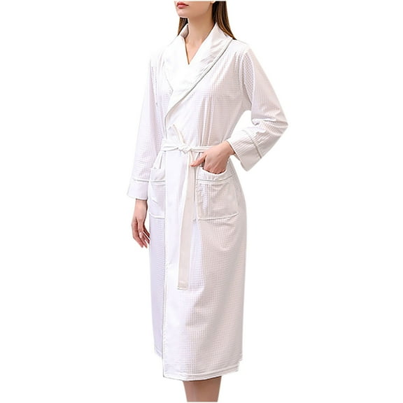 Fesfesfes Velvet Bathrobe for Women Long Sleeve Robe Elegant Lace Belted Soft Comfortable Loungewear Home Wear for Winter Spring Nightgown Pajama with Pocket(White,M)