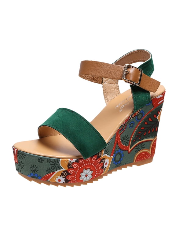 Wedge Sandals Summer Women Open Toe Breathable Sandals Flower Buckle Strap Wedges Shoes 8(39)