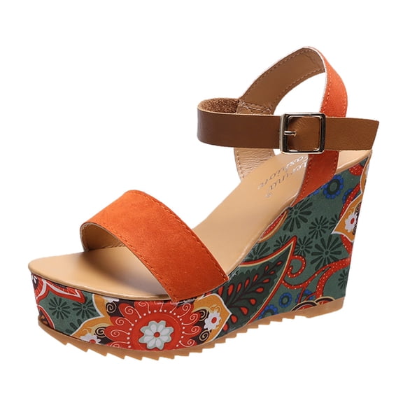 Fesfesfes Wedge Sandals Summer Women Open Toe Breathable Sandals Flower Buckle Strap Wedges Shoes 8(39)