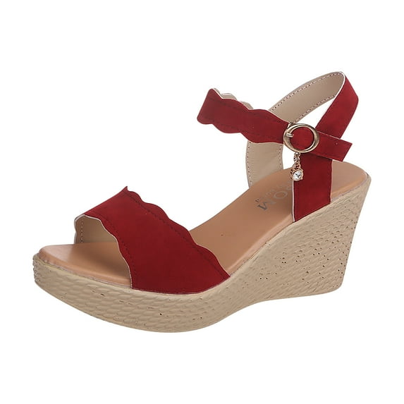 Fesfesfes Wedges For Women's Summer One-line Color Sandals With Rhinestones Platform Wedges 5(35)