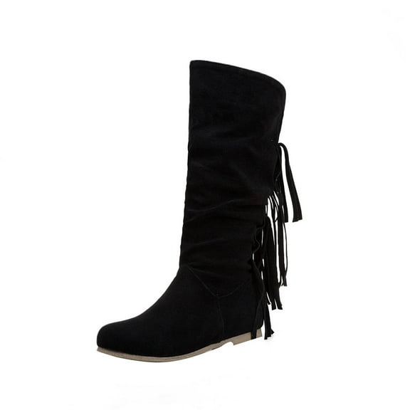 Fesfesfes Western Boots Women Fringed Round Toe Warm Fall Winter High Long Low Heel Retro Women's US:6.5(38)