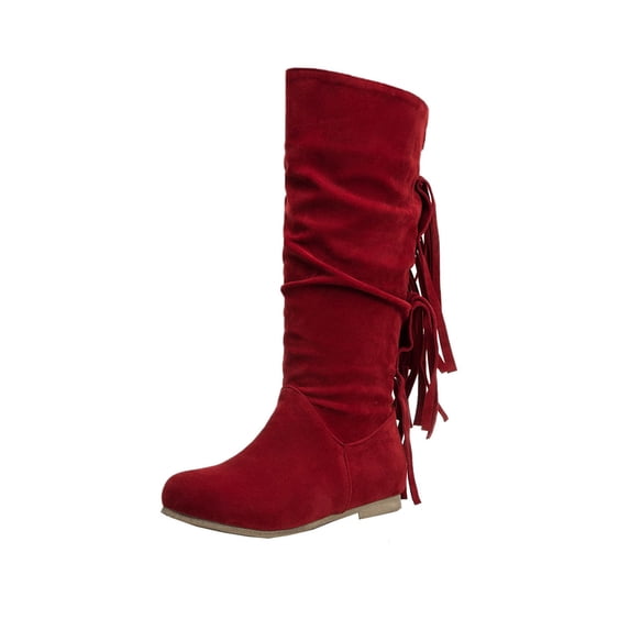 Fesfesfes Western Boots Women Fringed Round Toe Warm Fall Winter High Long Low Heel Retro Women's US:7.5(40)