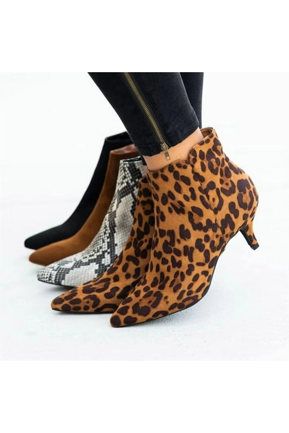 Western Boots Women Shoes Leopard Snake Print Fine Heels Mid Heel Pointed Side Zip 9(42)