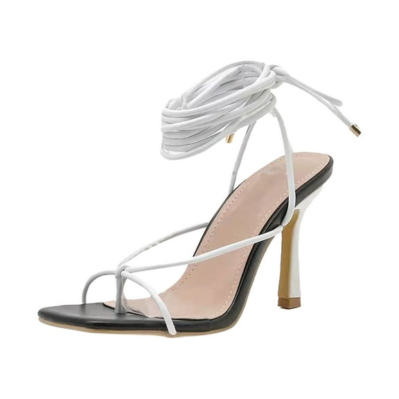 Fesfesfes White Shoes Womens Shoes Fashion Color Contrast Minimalistic Romam Style Puttee Lacing Fine Heels Sandals 7.5(40)