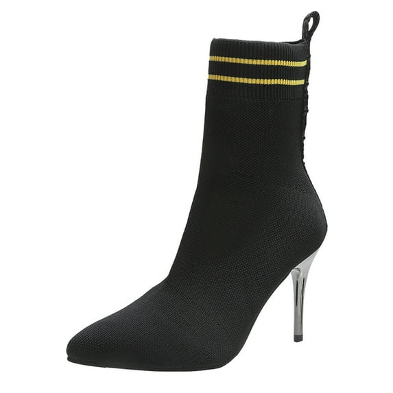 Fesfesfes Wide Calf Boots For Women Pointed Toe Breathable High Heel Sleeve Knit Short Fashion 9(42)