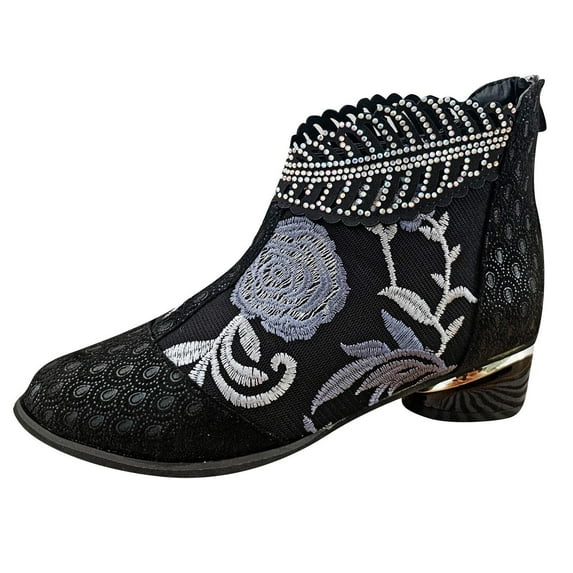 Fesfesfes Wide Calf Boots For Women Retro Embroidered Rhinestone Thick Heel Shoes Plus Size 6(37)