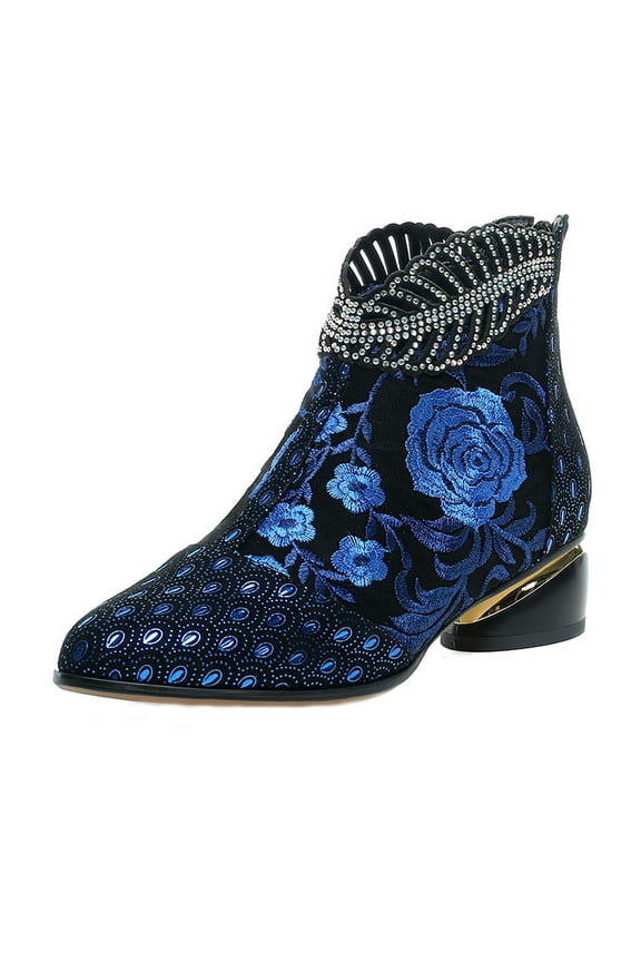 Wide Calf Boots For Women Retro Embroidered Rhinestone Thick Heel Shoes Plus Size 7.5(40)