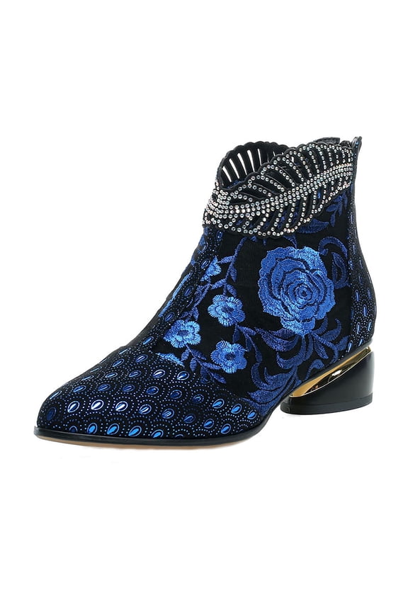 Wide Calf Boots For Women Retro Embroidered Rhinestone Thick Heel Shoes Plus Size 9(42)