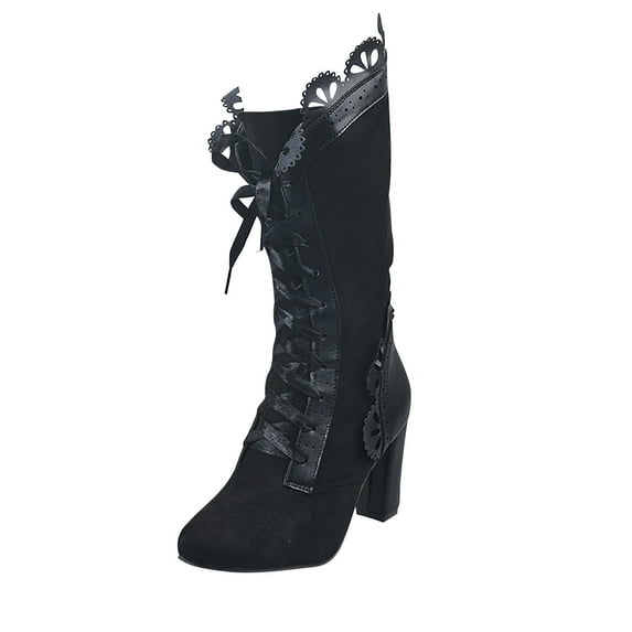 Fesfesfes Wide Calf Boots For Women Shoes Winter Fashion Bandage Riding Casual Warm High Heels Middle Tube US:5.5(36)