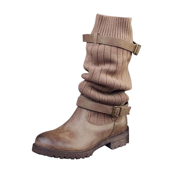 Fesfesfes Wide Calf Boots For Women Winter Square Heel Low Heel Mid Tube Belt Buckle Sock US:8.5(41)